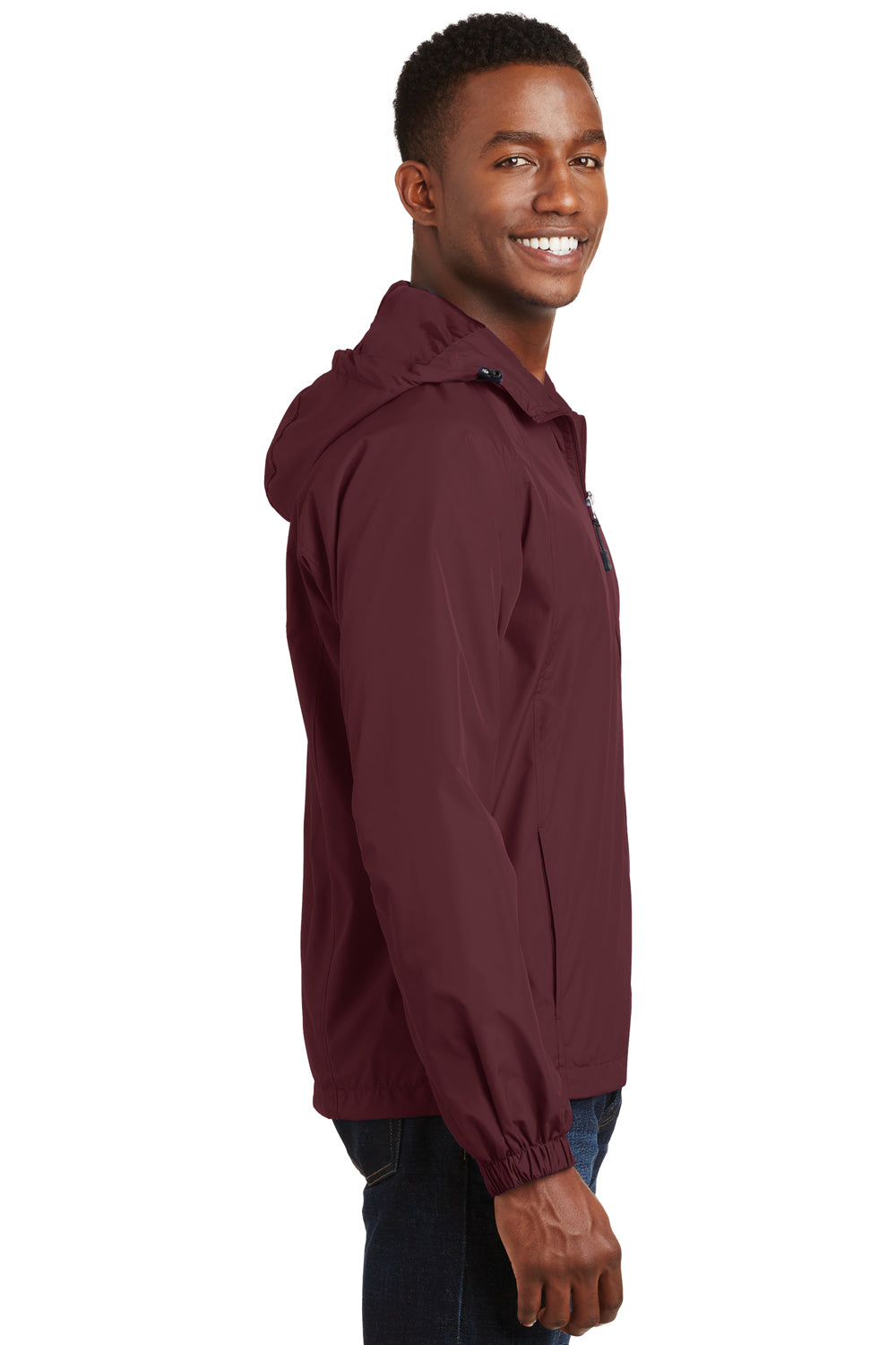 Sport-Tek JST73/TJST73 Mens Water Resistant Full Zip Hooded Jacket Maroon Model Side