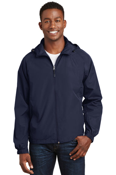 Sport-Tek JST73/TJST73 Mens Water Resistant Full Zip Hooded Jacket True Navy Blue Model Front