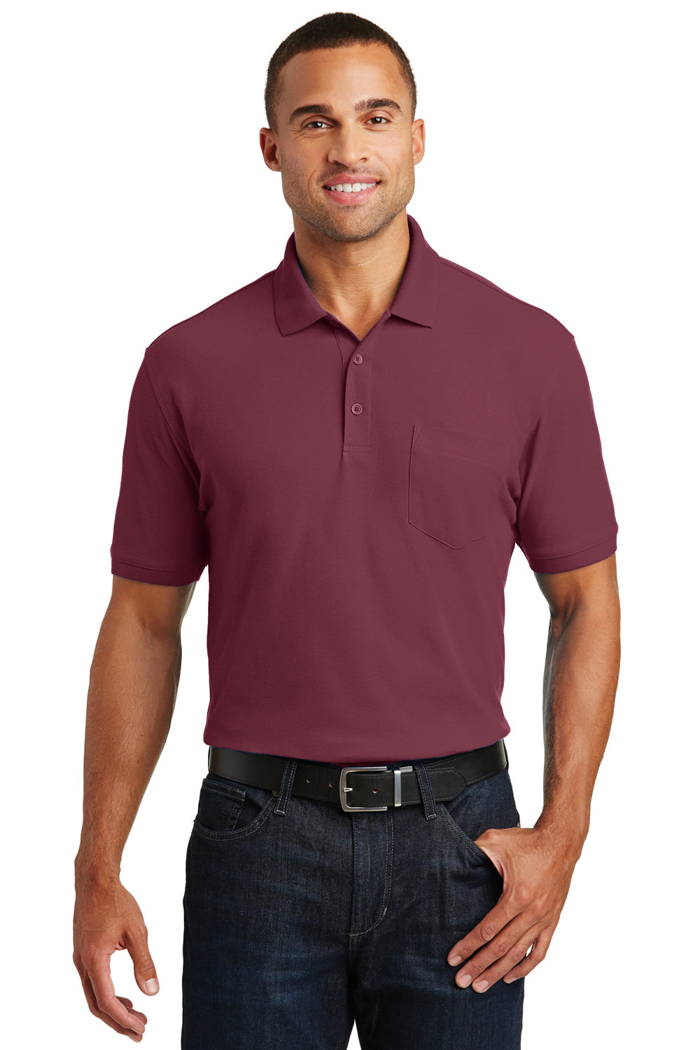 Port Authority K100P Mens Core Classic Short Sleeve Polo Shirt w/ Pocket Burgundy Model Front