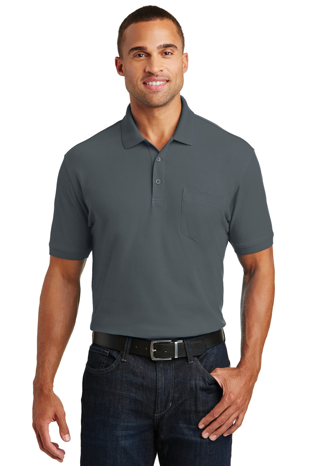 Port Authority K100P Mens Core Classic Short Sleeve Polo Shirt w/ Pocket Graphite Grey Model Front