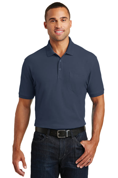 Port Authority K100P Mens Core Classic Short Sleeve Polo Shirt w/ Pocket River Navy Blue Model Front