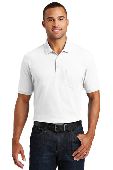 Port Authority K100P Mens Core Classic Short Sleeve Polo Shirt w/ Pocket White Model Front