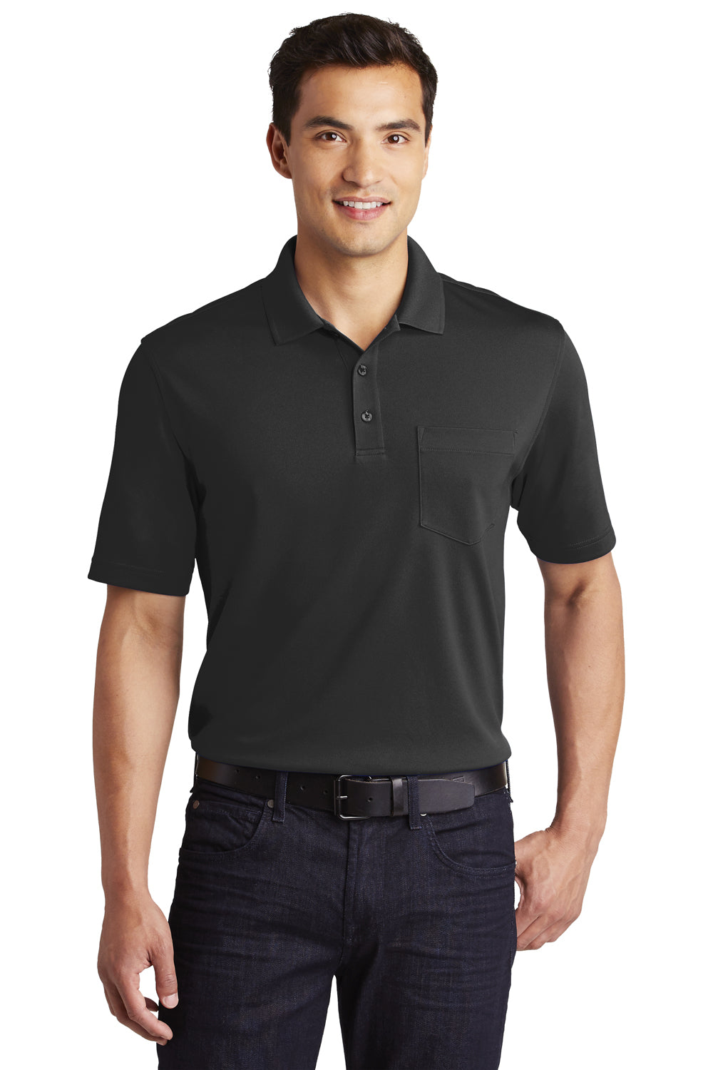 Port Authority K110P Mens Dry Zone Moisture Wicking Short Sleeve Polo Shirt w/ Pocket Deep Black Model Front