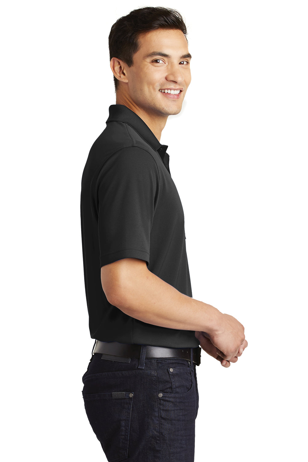 Port Authority K110P Mens Dry Zone Moisture Wicking Short Sleeve Polo Shirt w/ Pocket Deep Black Model Side