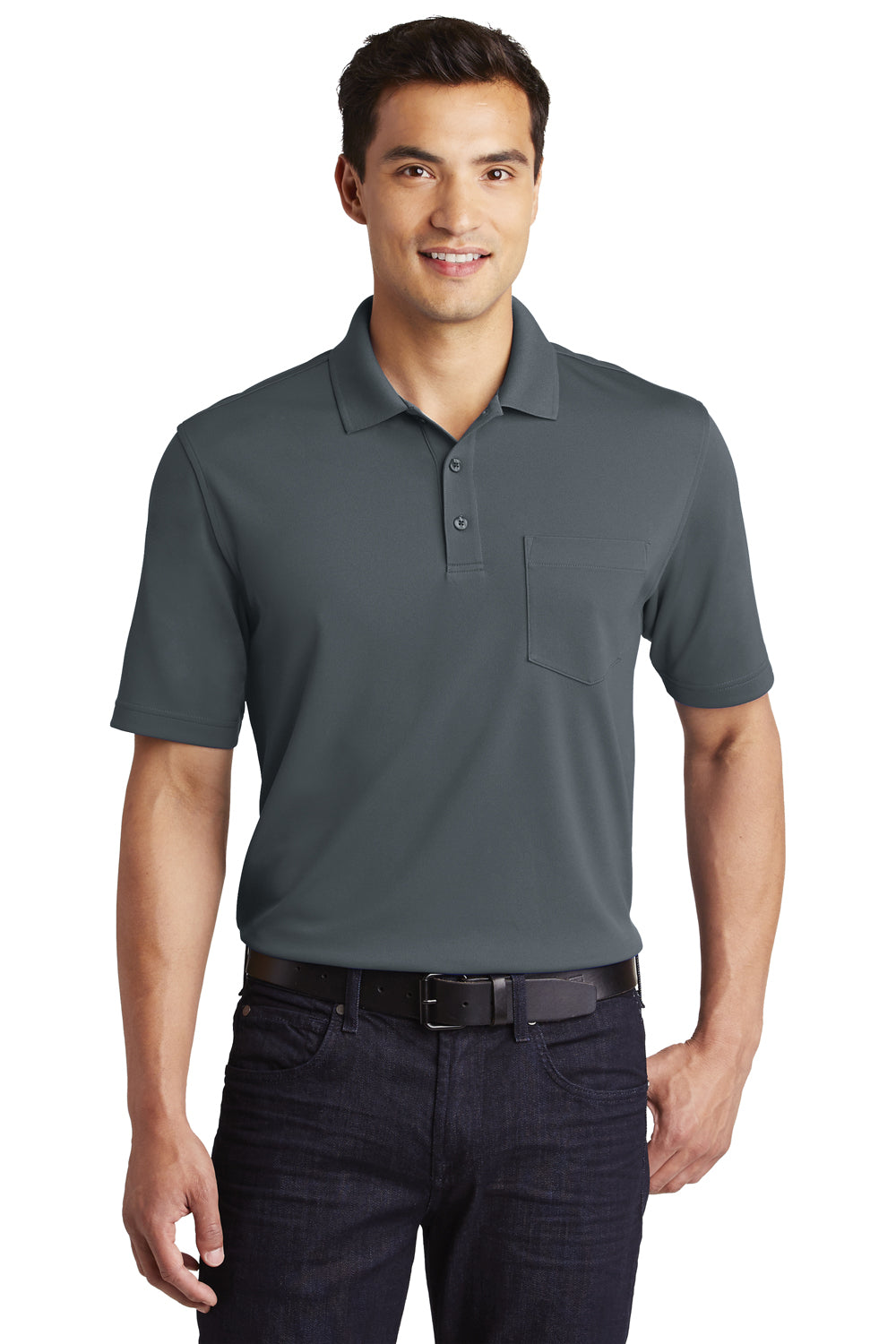 Port Authority K110P Mens Dry Zone Moisture Wicking Short Sleeve Polo Shirt w/ Pocket Graphite Grey Model Front