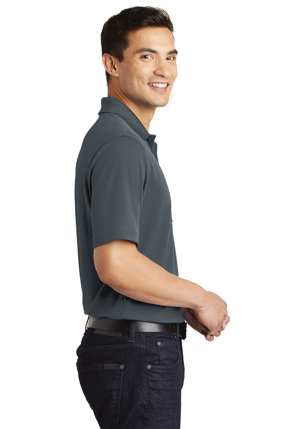 Port Authority K110P Mens Dry Zone Moisture Wicking Short Sleeve Polo Shirt w/ Pocket Graphite Grey Model Side