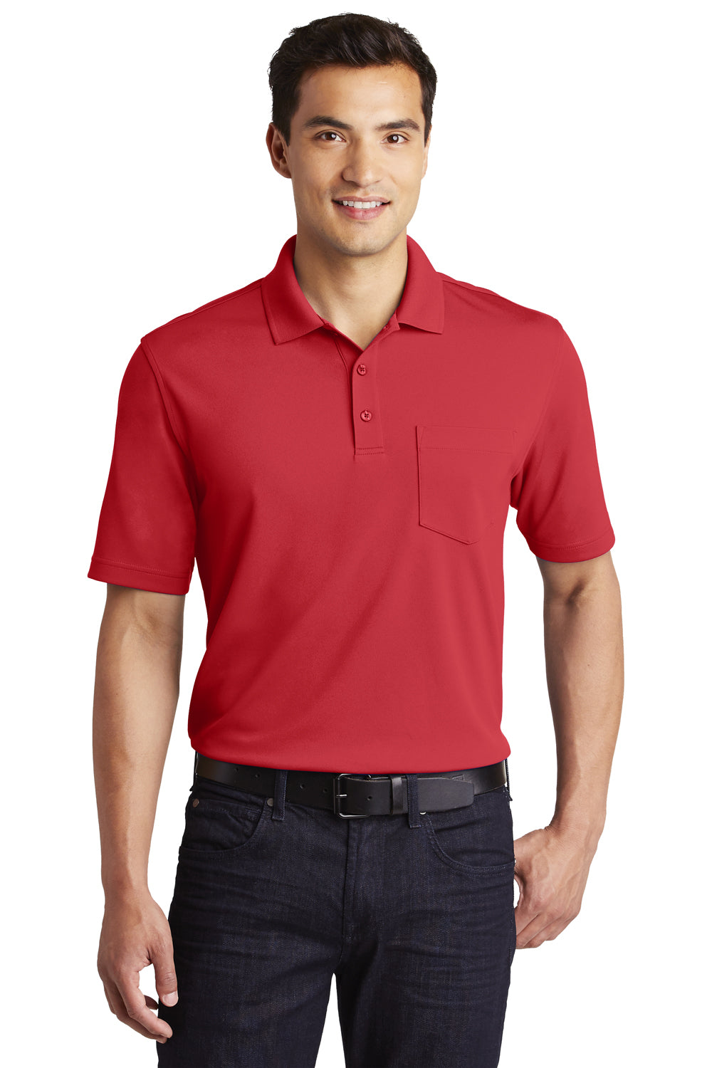 Port Authority K110P Mens Dry Zone Moisture Wicking Short Sleeve Polo Shirt w/ Pocket Rich Red Model Front