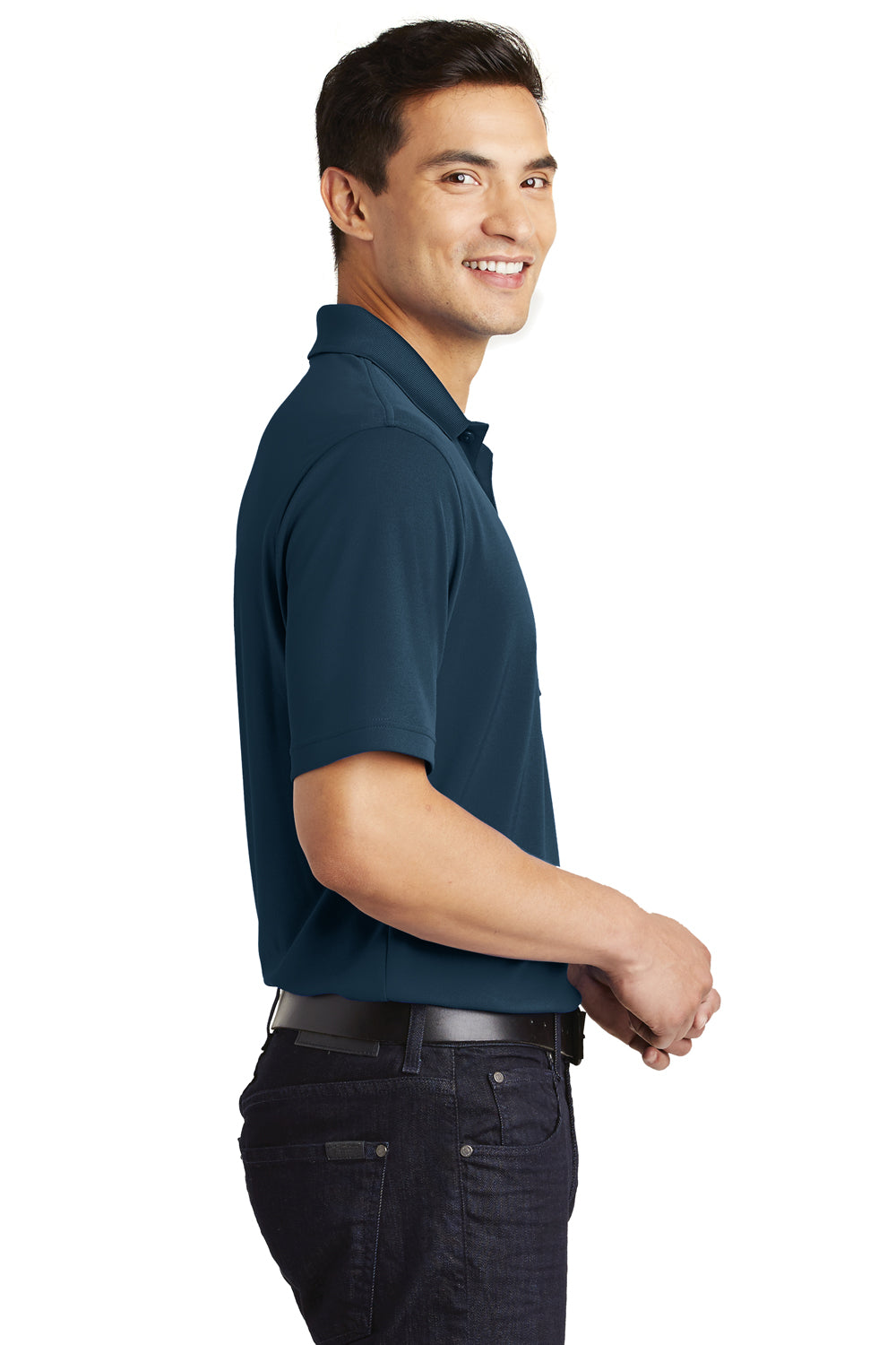 Port Authority K110P Mens Dry Zone Moisture Wicking Short Sleeve Polo Shirt w/ Pocket River Navy Blue Model Side