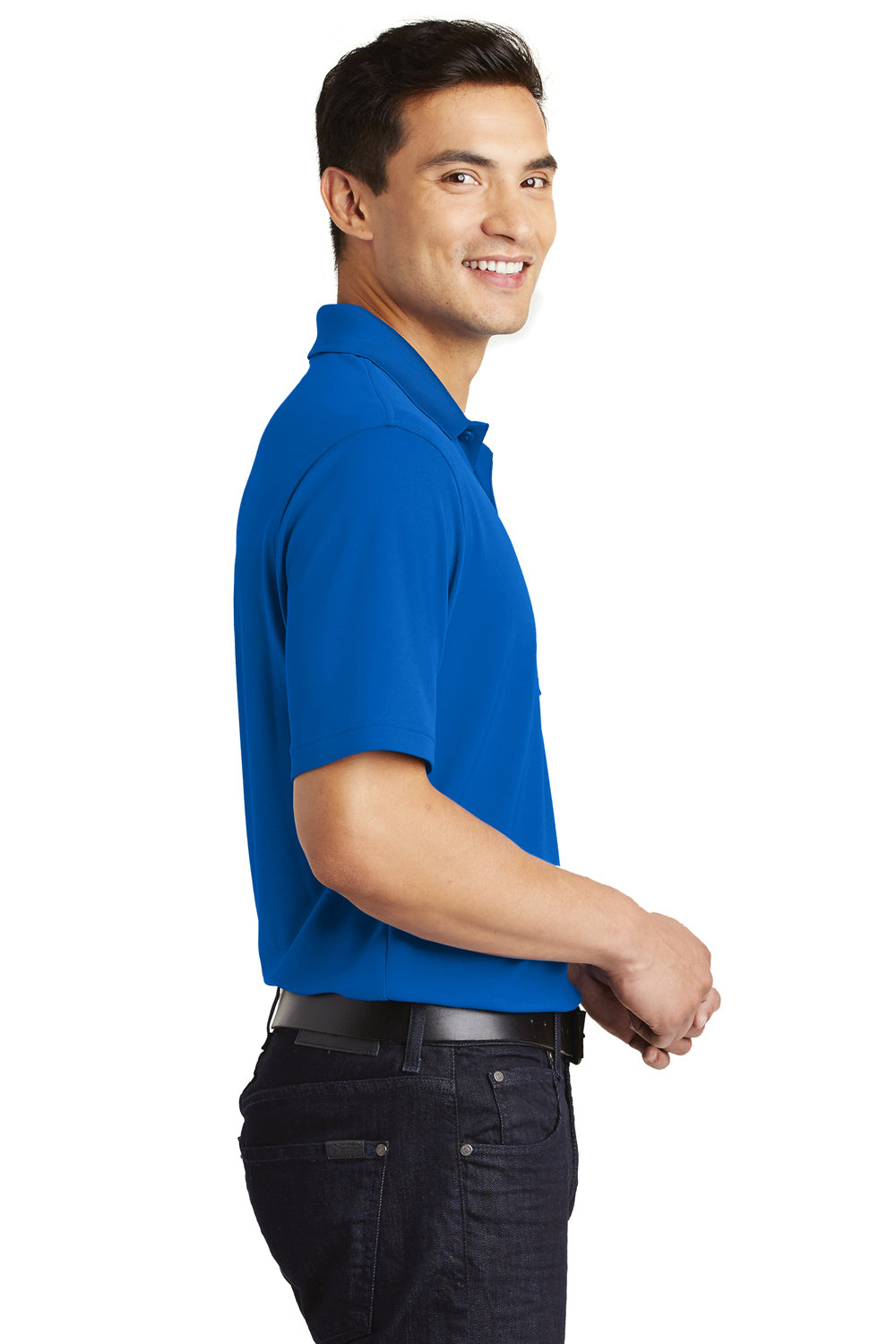 Port Authority K110P Mens Dry Zone Moisture Wicking Short Sleeve Polo Shirt w/ Pocket True Royal Blue Model Side