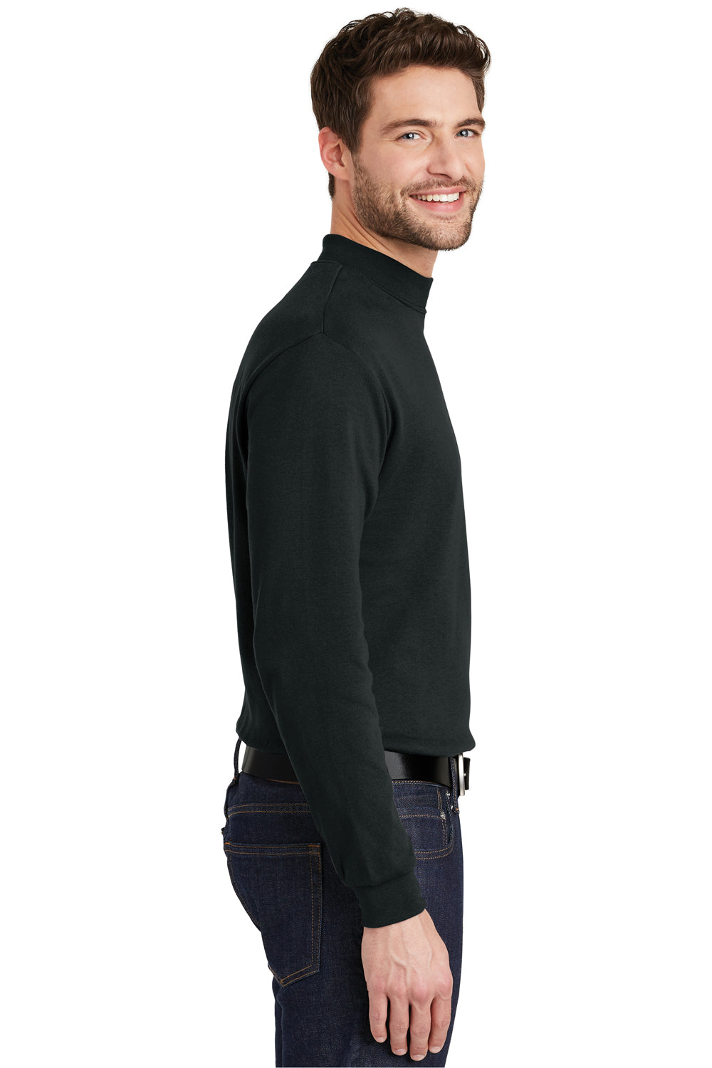 Port Authority K321 Mens Long Sleeve Mock Neck T-Shirt Black Model Side