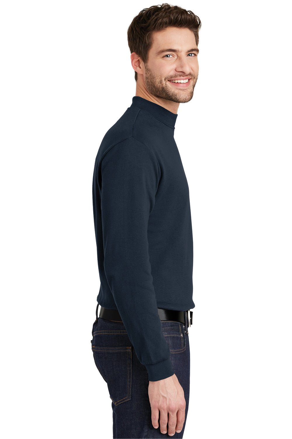 Port Authority K321 Mens Long Sleeve Mock Neck T-Shirt Navy Blue Model Side