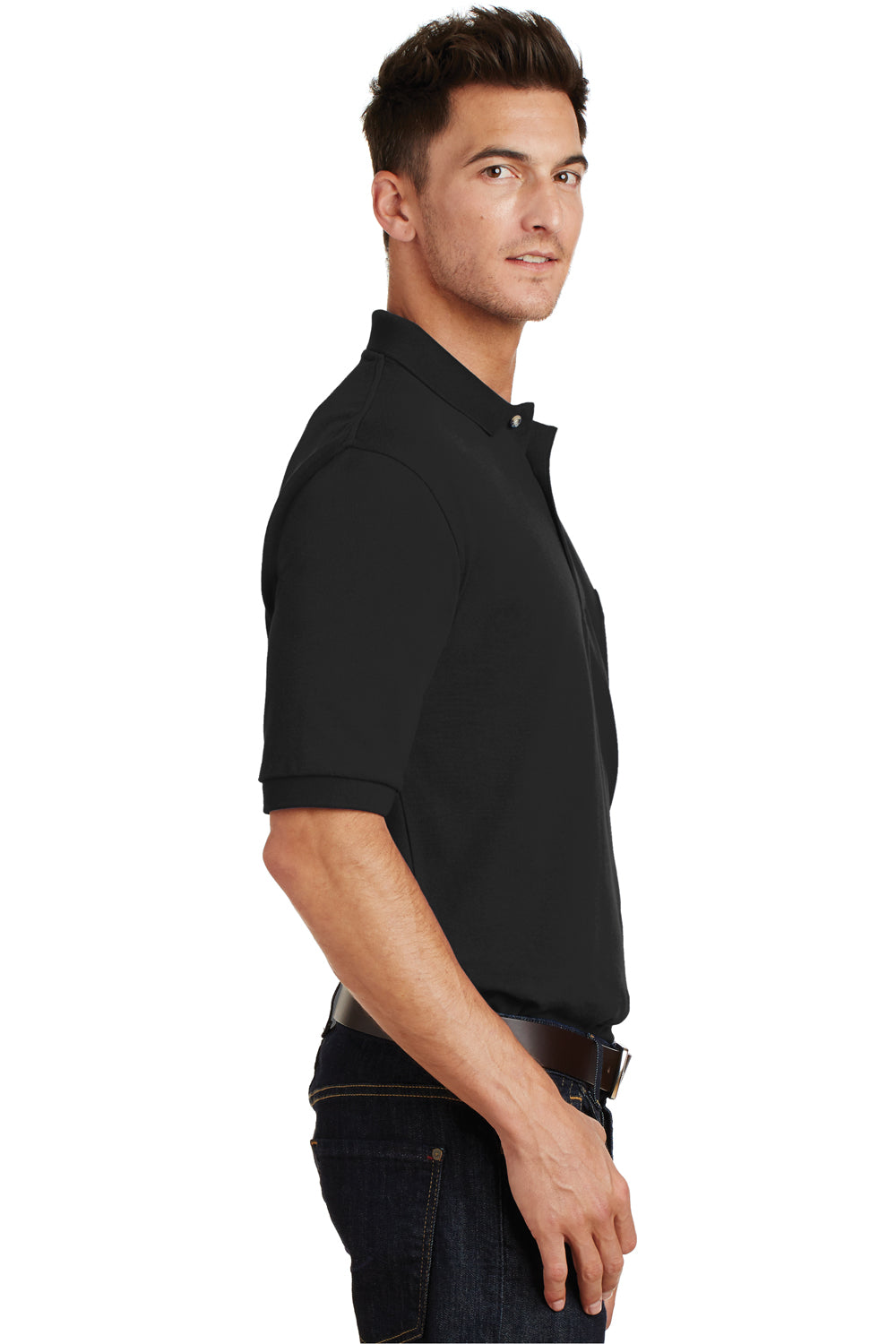 Port Authority K420P Mens Shrink Resistant Short Sleeve Polo Shirt w/ Pocket Black Model Side