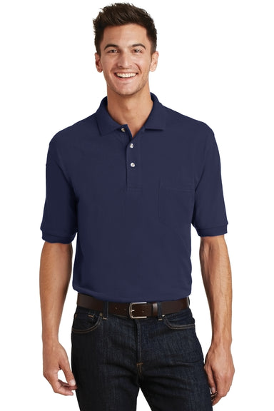 Port Authority K420P Mens Shrink Resistant Short Sleeve Polo Shirt w/ Pocket Navy Blue Model Front