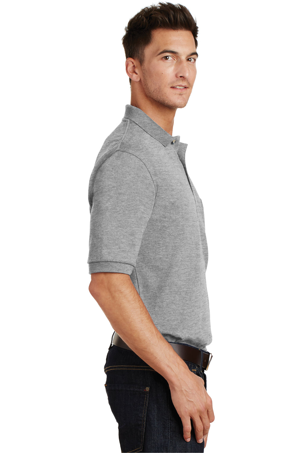 Port Authority K420P Mens Shrink Resistant Short Sleeve Polo Shirt w/ Pocket Oxford Grey Model Side