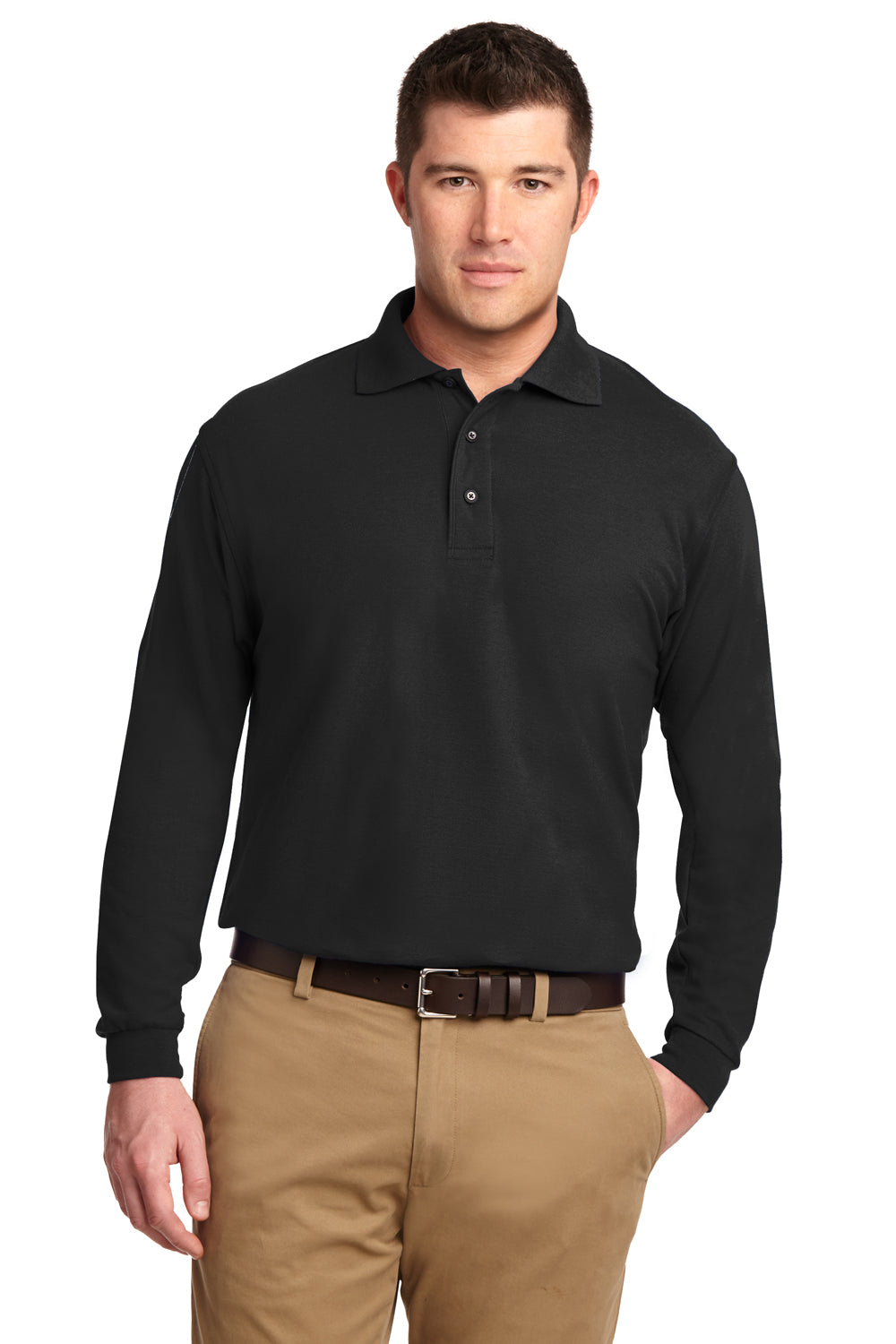 Port Authority K500LS/TLK500LS Mens Silk Touch Wrinkle Resistant Long Sleeve Polo Shirt Black Model Front