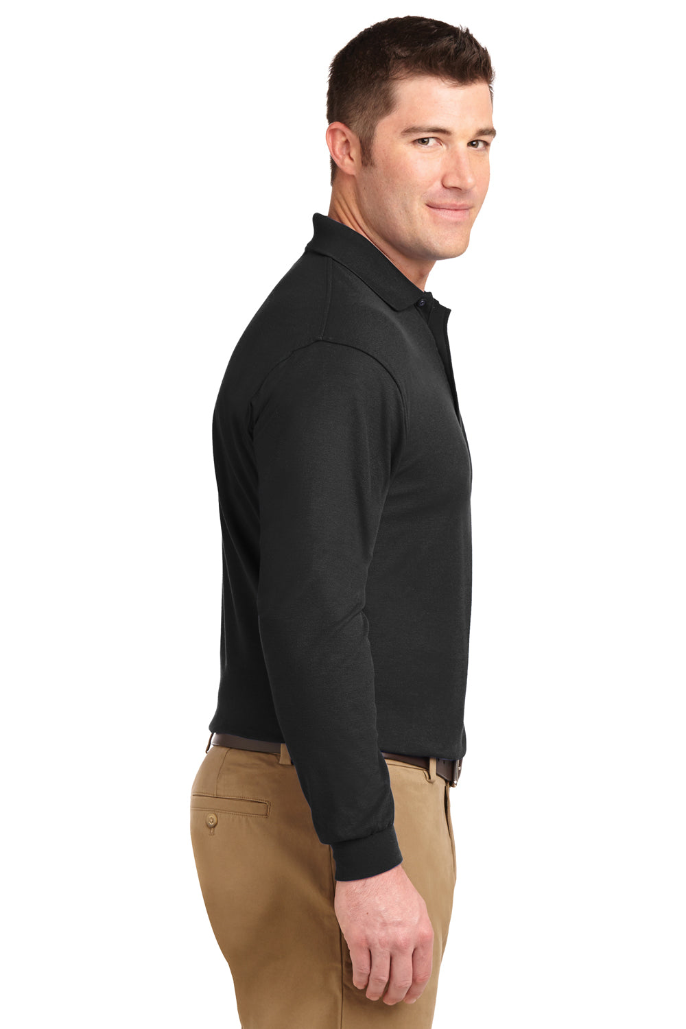 Port Authority K500LS/TLK500LS Mens Silk Touch Wrinkle Resistant Long Sleeve Polo Shirt Black Model Side