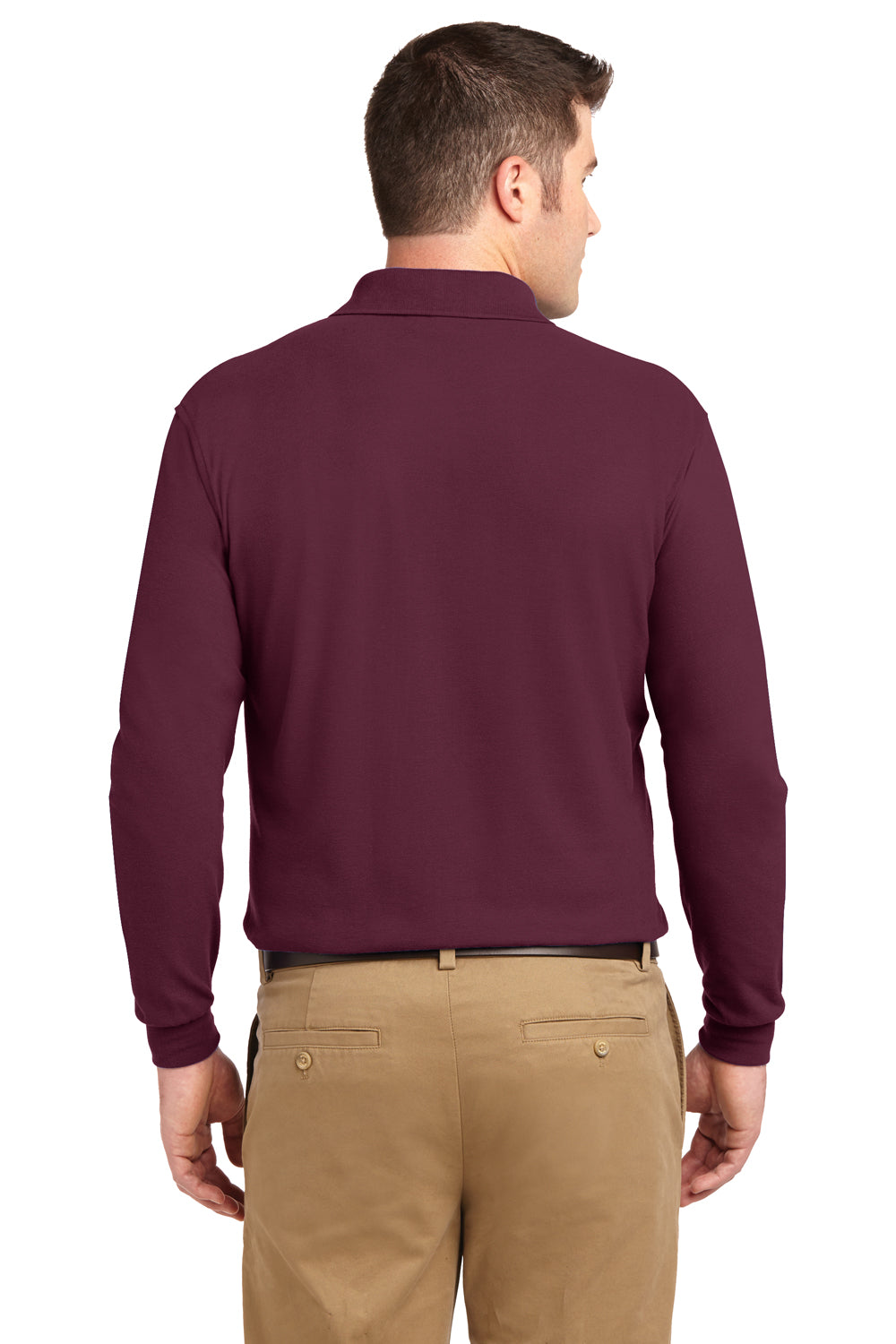 Port Authority K500LS/TLK500LS Mens Silk Touch Wrinkle Resistant Long Sleeve Polo Shirt Burgundy Model Back