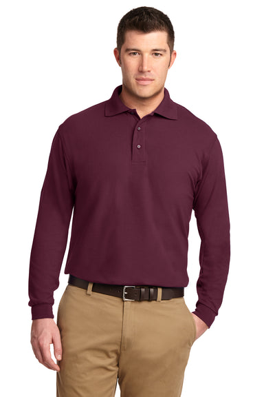 Port Authority K500LS/TLK500LS Mens Silk Touch Wrinkle Resistant Long Sleeve Polo Shirt Burgundy Model Front