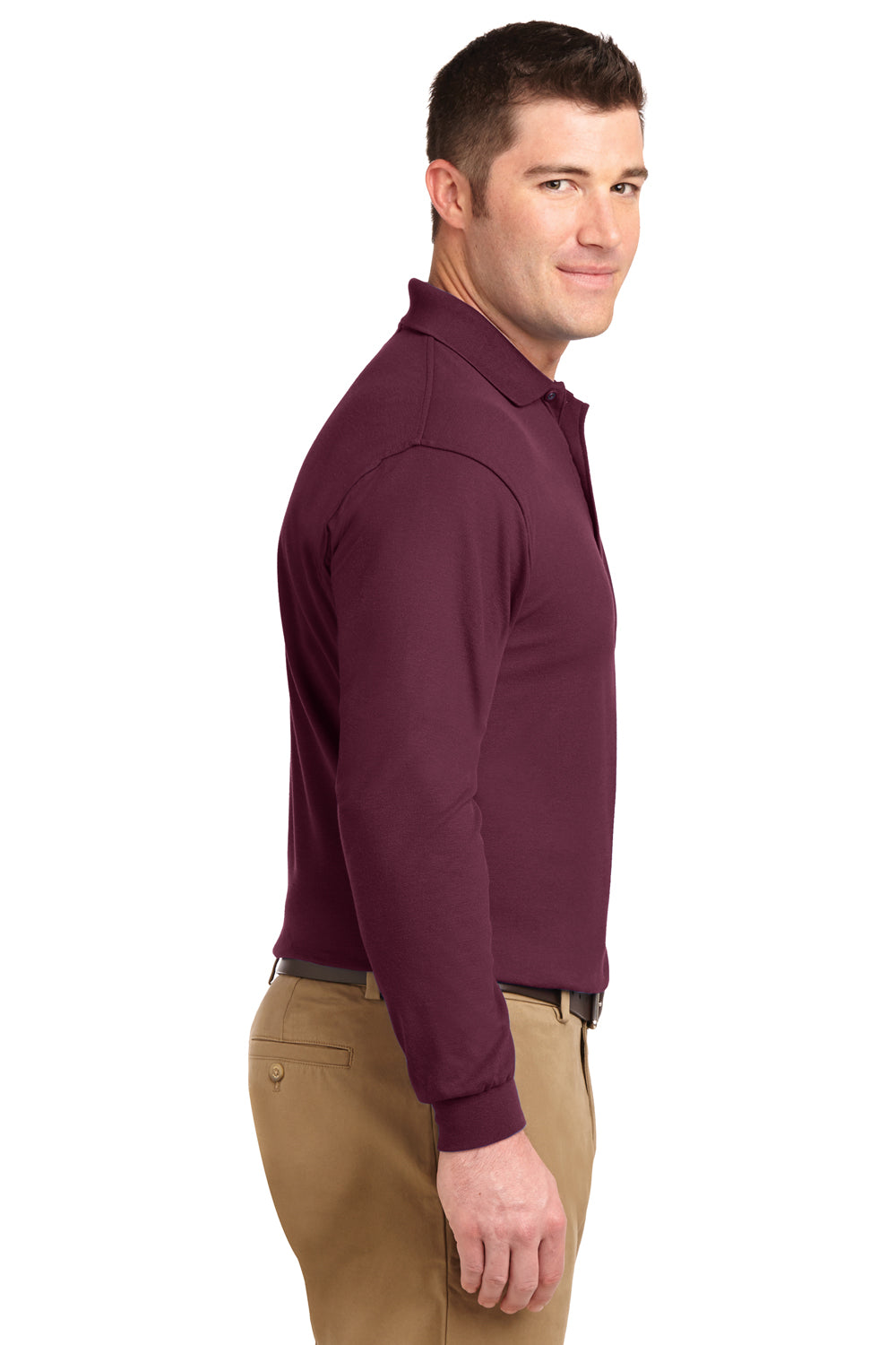 Port Authority K500LS/TLK500LS Mens Silk Touch Wrinkle Resistant Long Sleeve Polo Shirt Burgundy Model Side