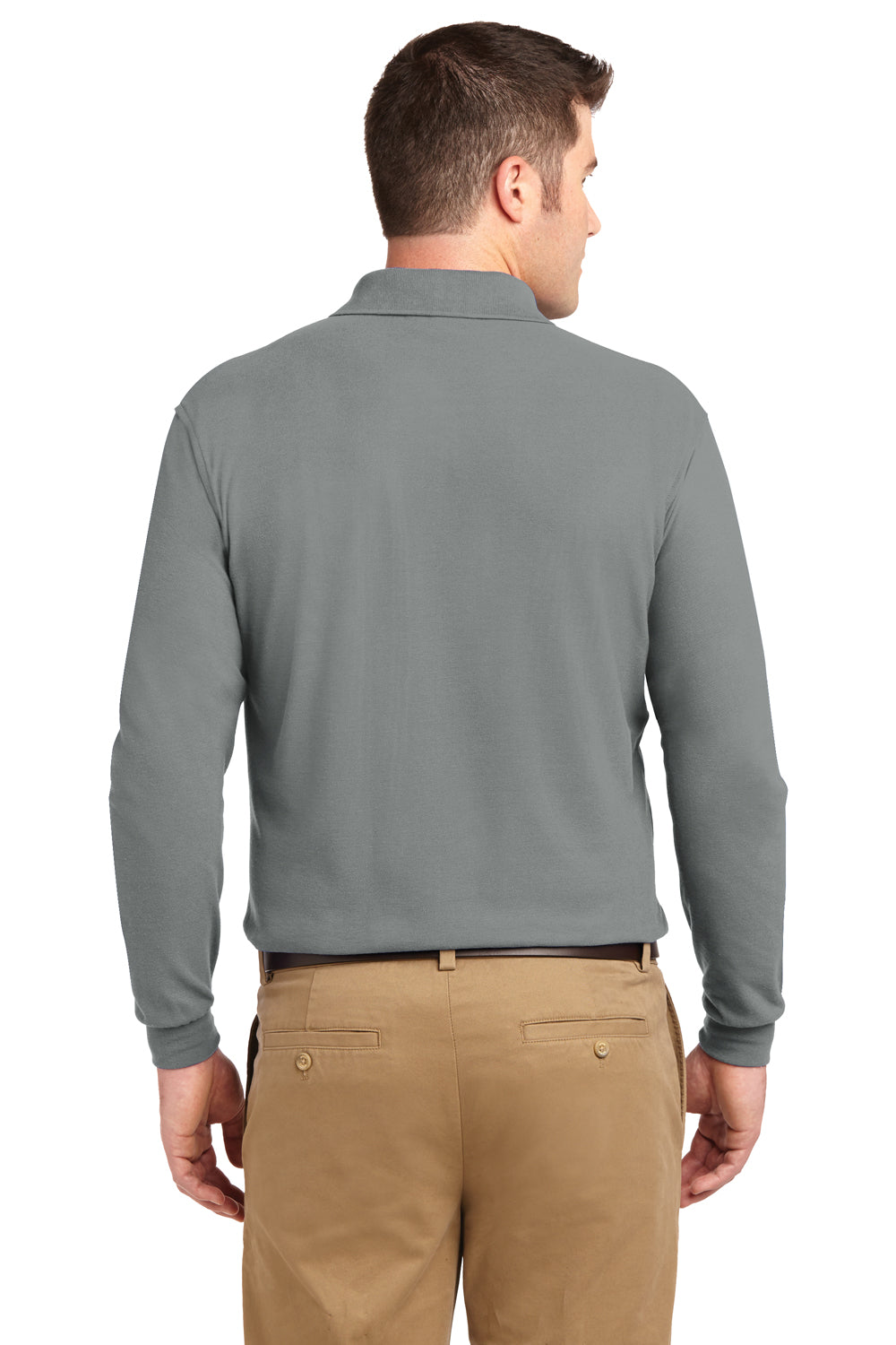 Port Authority K500LS/TLK500LS Mens Silk Touch Wrinkle Resistant Long Sleeve Polo Shirt Cool Grey Model Back