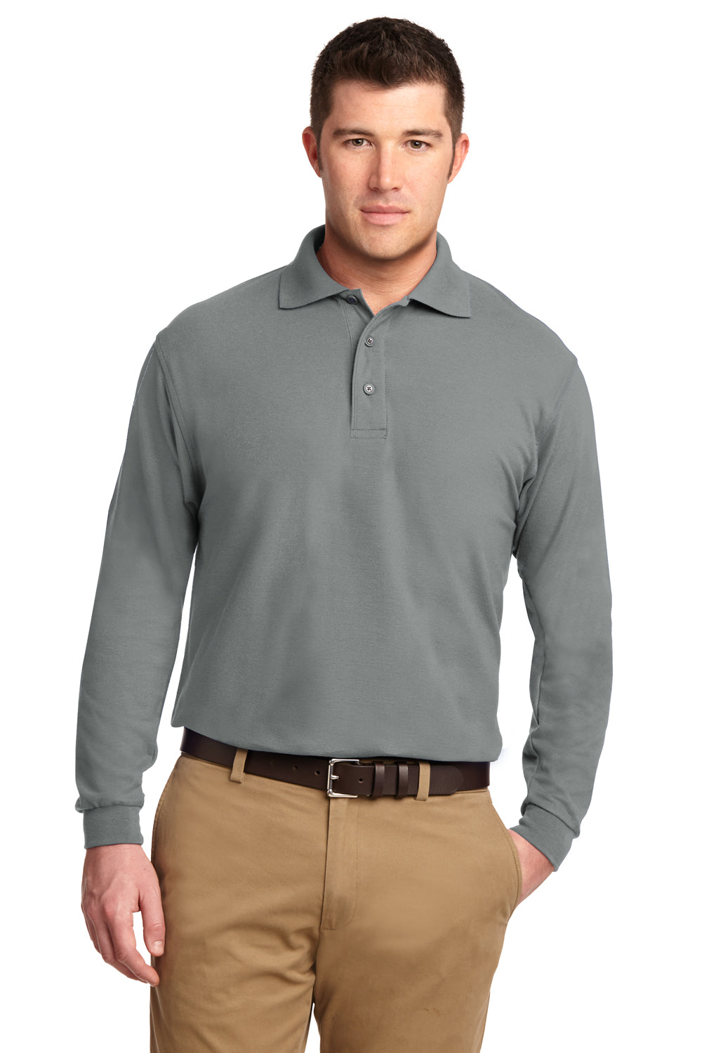 Port Authority K500LS/TLK500LS Mens Silk Touch Wrinkle Resistant Long Sleeve Polo Shirt Cool Grey Model Front