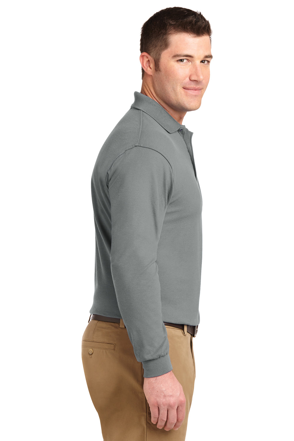 Port Authority K500LS/TLK500LS Mens Silk Touch Wrinkle Resistant Long Sleeve Polo Shirt Cool Grey Model Side