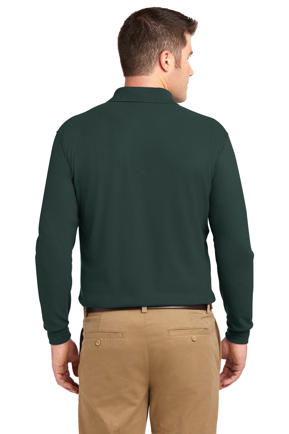 Port Authority K500LS/TLK500LS Mens Silk Touch Wrinkle Resistant Long Sleeve Polo Shirt Dark Green Model Back