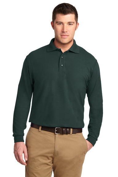 Port Authority K500LS/TLK500LS Mens Silk Touch Wrinkle Resistant Long Sleeve Polo Shirt Dark Green Model Front