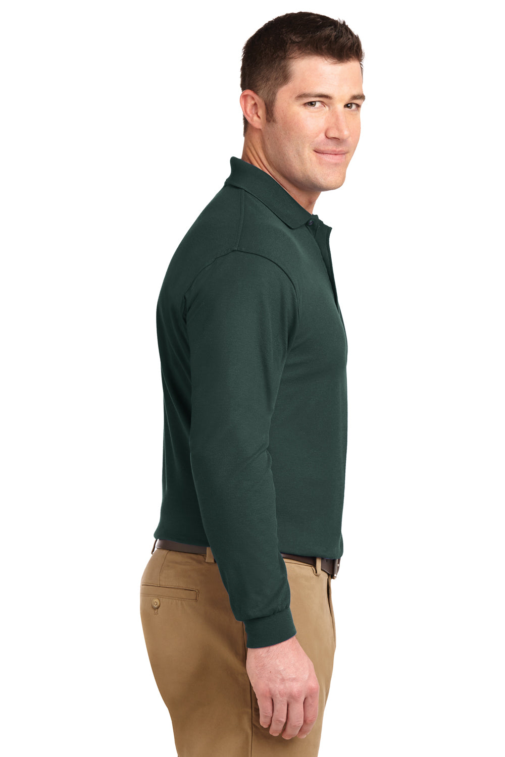 Port Authority K500LS/TLK500LS Mens Silk Touch Wrinkle Resistant Long Sleeve Polo Shirt Dark Green Model Side