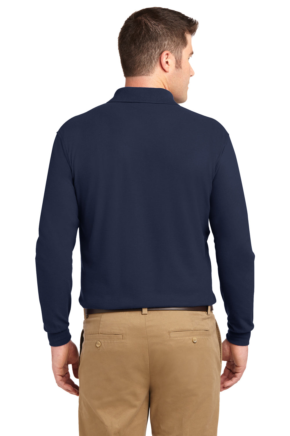 Port Authority K500LS/TLK500LS Mens Silk Touch Wrinkle Resistant Long Sleeve Polo Shirt Navy Blue Model Back