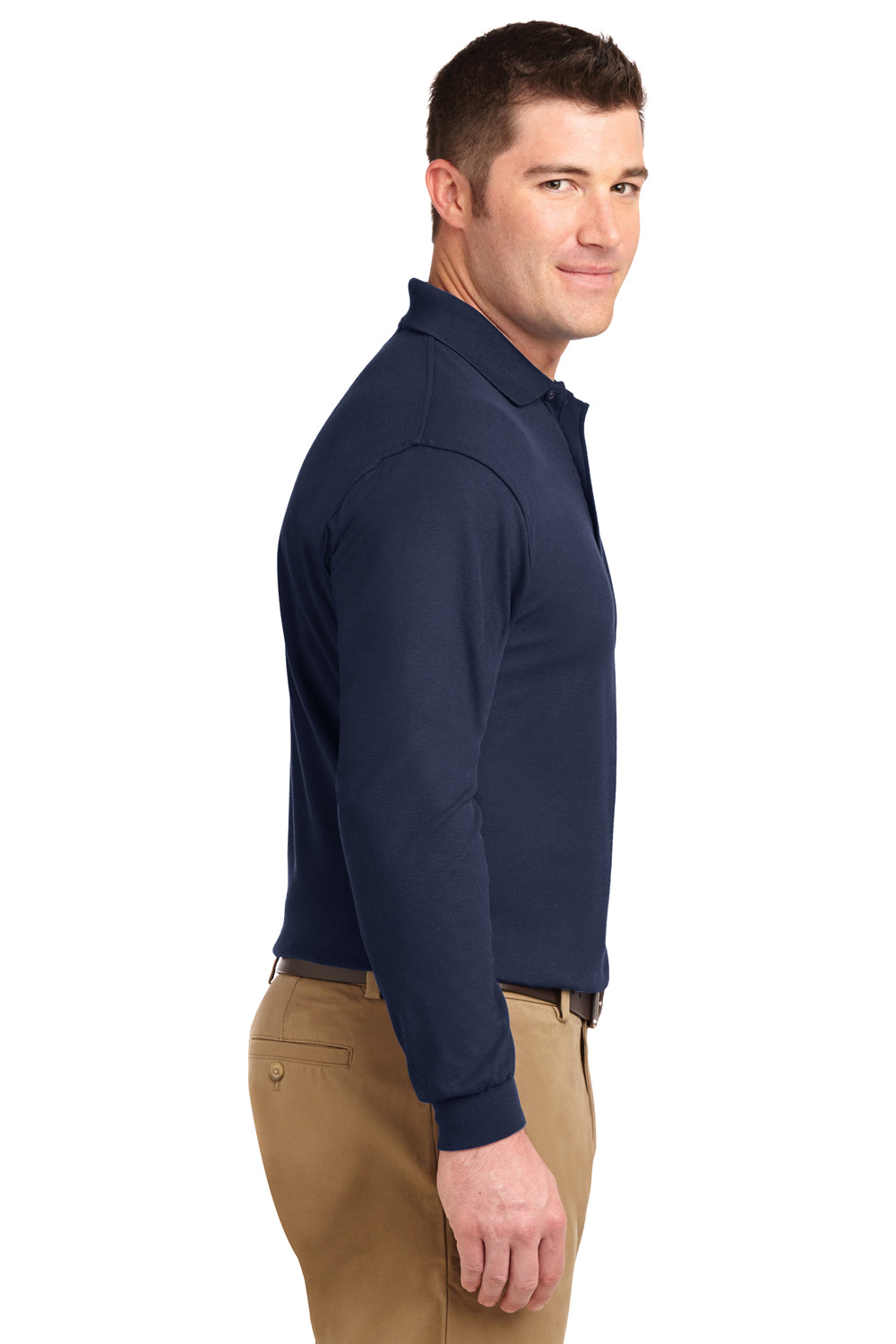 Port Authority K500LS/TLK500LS Mens Silk Touch Wrinkle Resistant Long Sleeve Polo Shirt Navy Blue Model Side