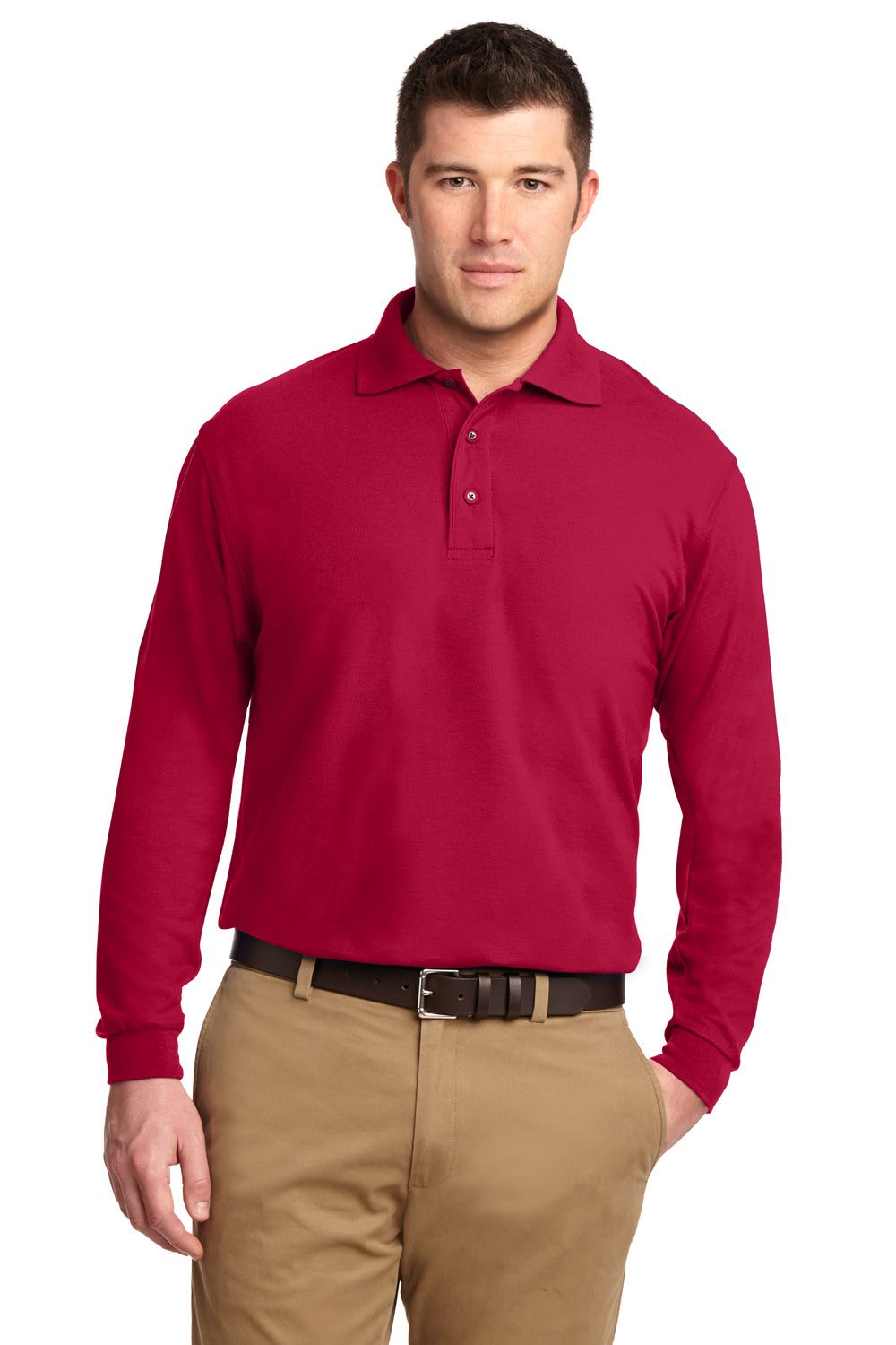 Port Authority K500LS/TLK500LS Mens Silk Touch Wrinkle Resistant Long Sleeve Polo Shirt Red Model Front