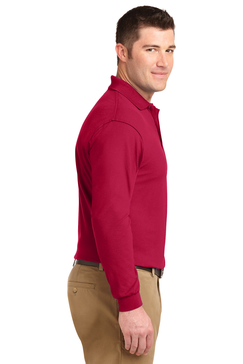 Port Authority K500LS/TLK500LS Mens Silk Touch Wrinkle Resistant Long Sleeve Polo Shirt Red Model Side