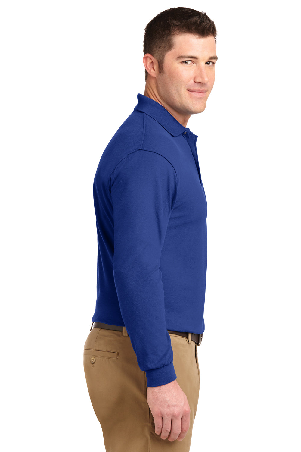 Port Authority K500LS/TLK500LS Mens Silk Touch Wrinkle Resistant Long Sleeve Polo Shirt Royal Blue Model Side