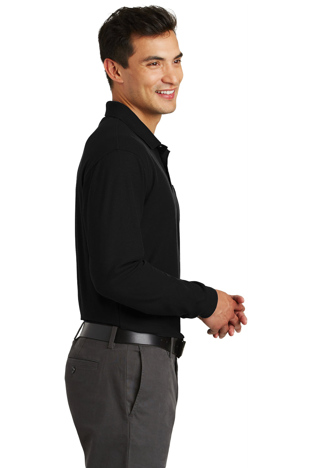 Port Authority K500LSP Mens Silk Touch Wrinkle Resistant Long Sleeve Polo Shirt w/ Pocket Black Model Side