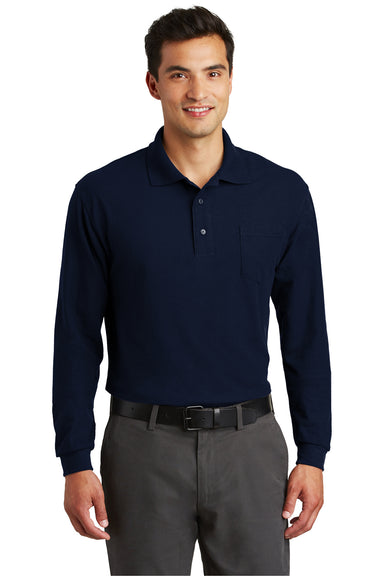 Port Authority K500LSP Mens Silk Touch Wrinkle Resistant Long Sleeve Polo Shirt w/ Pocket Navy Blue Model Front