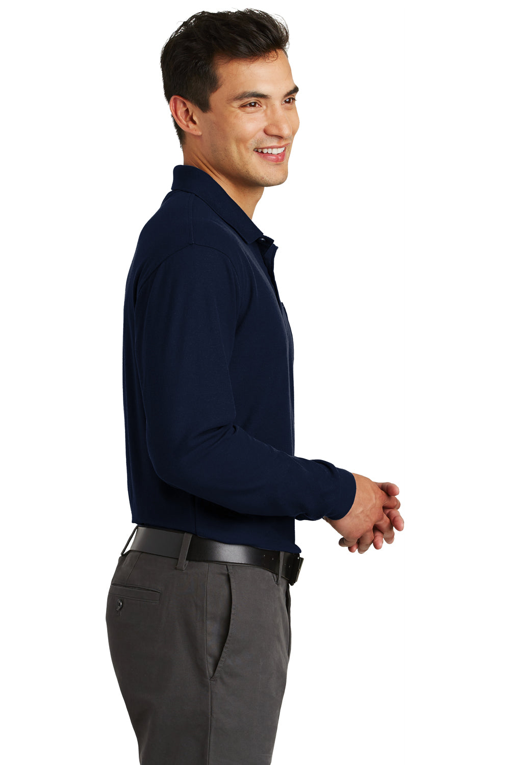 Port Authority K500LSP Mens Silk Touch Wrinkle Resistant Long Sleeve Polo Shirt w/ Pocket Navy Blue Model Side