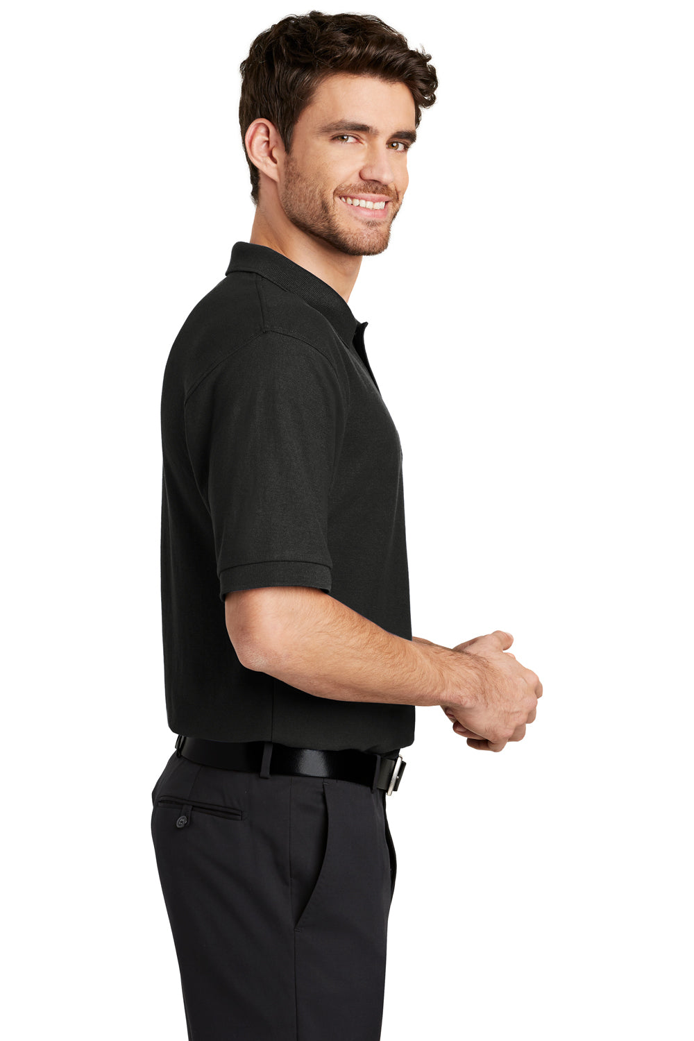 Port Authority K500P/TLK500P Mens Silk Touch Wrinkle Resistant Short Sleeve Polo Shirt w/ Pocket Black Model Side