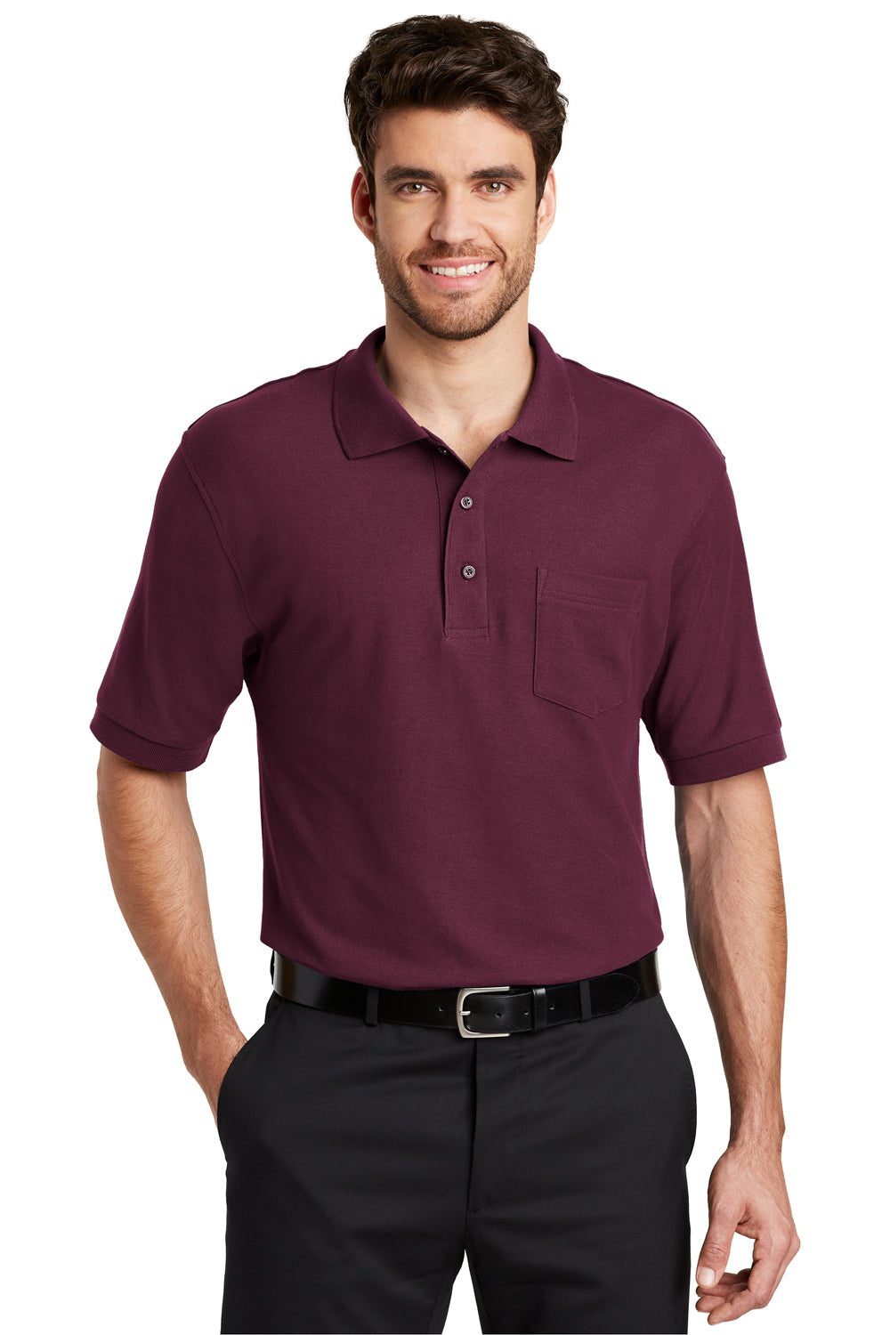 Port Authority K500P/TLK500P Mens Silk Touch Wrinkle Resistant Short Sleeve Polo Shirt w/ Pocket Burgundy Model Front