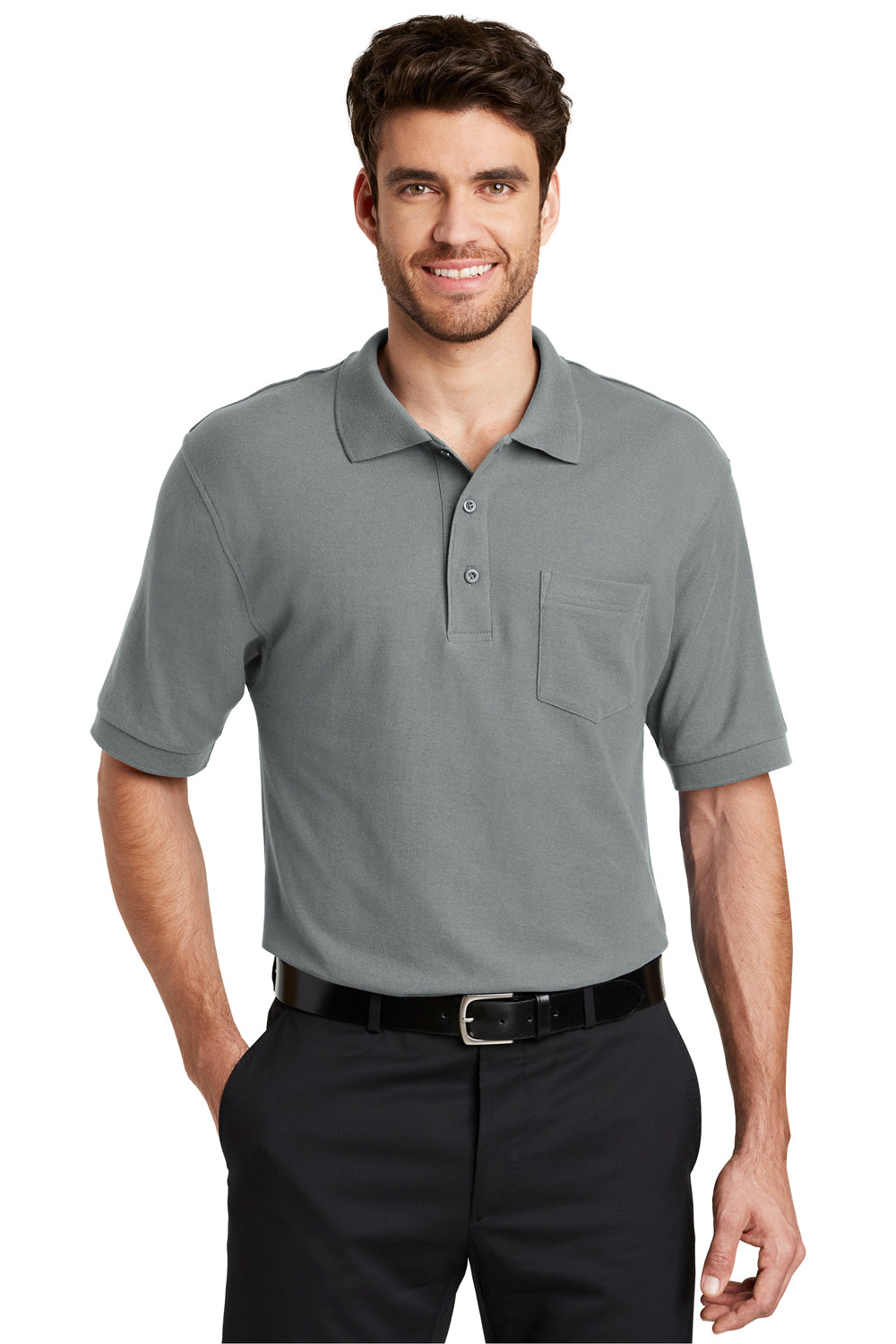 Port Authority K500P/TLK500P Mens Silk Touch Wrinkle Resistant Short Sleeve Polo Shirt w/ Pocket Cool Grey Model Front