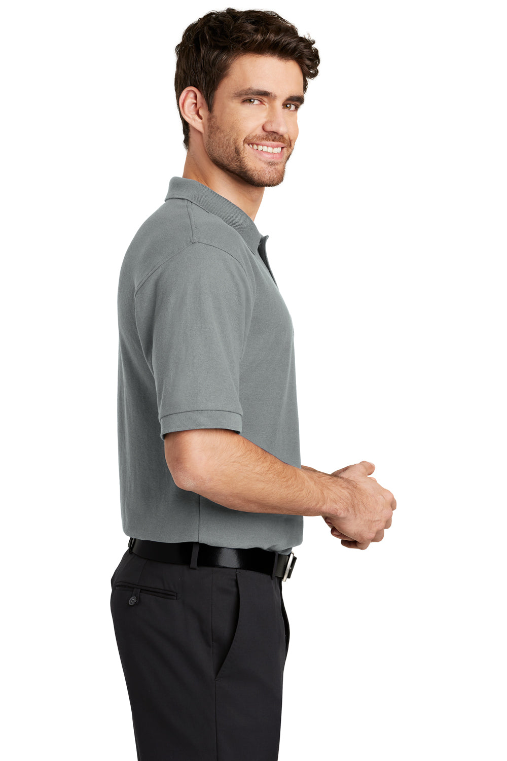 Port Authority K500P/TLK500P Mens Silk Touch Wrinkle Resistant Short Sleeve Polo Shirt w/ Pocket Cool Grey Model Side