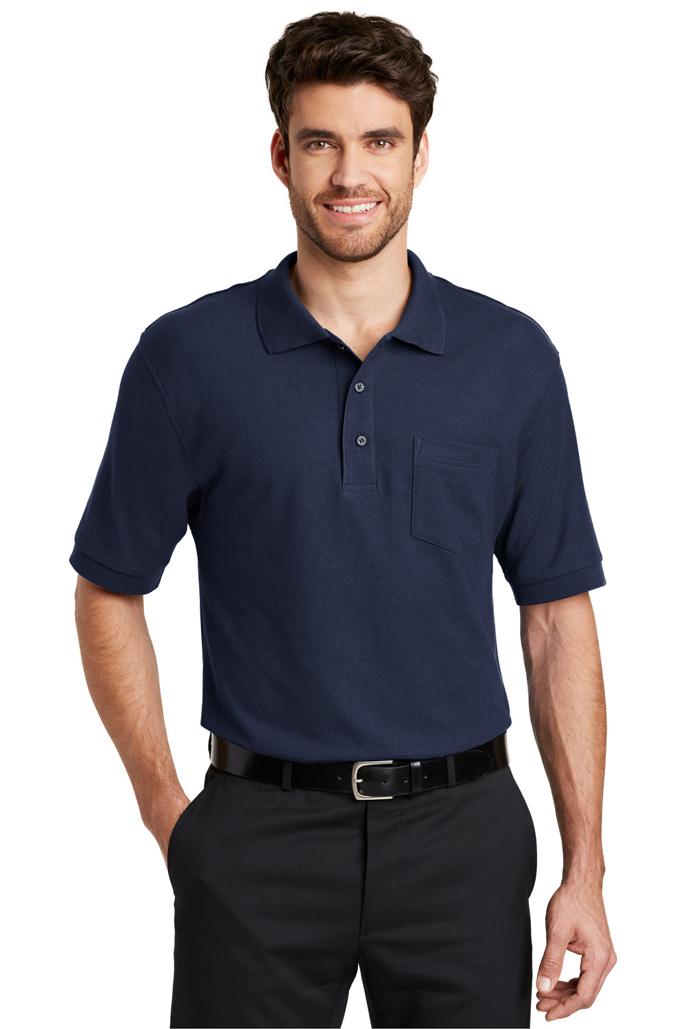 Port Authority K500P/TLK500P Mens Silk Touch Wrinkle Resistant Short Sleeve Polo Shirt w/ Pocket Navy Blue Model Front