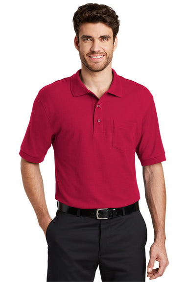 Port Authority K500P/TLK500P Mens Silk Touch Wrinkle Resistant Short Sleeve Polo Shirt w/ Pocket Red Model Front