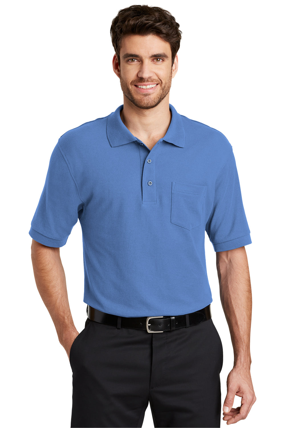 Port Authority K500P/TLK500P Mens Silk Touch Wrinkle Resistant Short Sleeve Polo Shirt w/ Pocket Ultramarine Blue Model Front