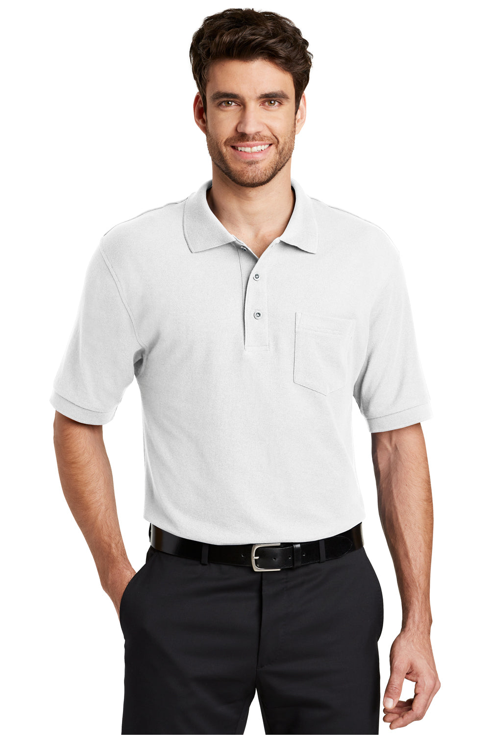 Port Authority K500P/TLK500P Mens Silk Touch Wrinkle Resistant Short Sleeve Polo Shirt w/ Pocket White Model Front