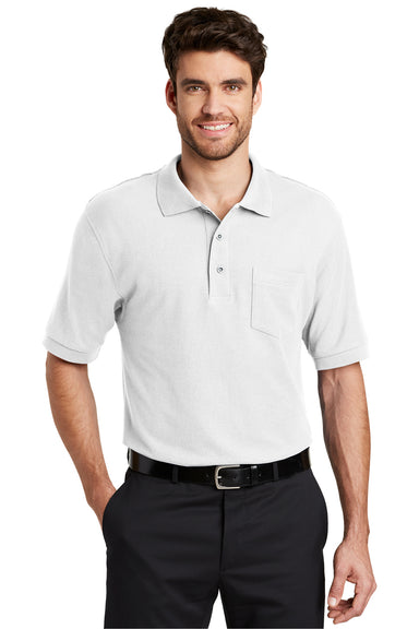 Port Authority K500P/TLK500P Mens Silk Touch Wrinkle Resistant Short Sleeve Polo Shirt w/ Pocket White Model Front