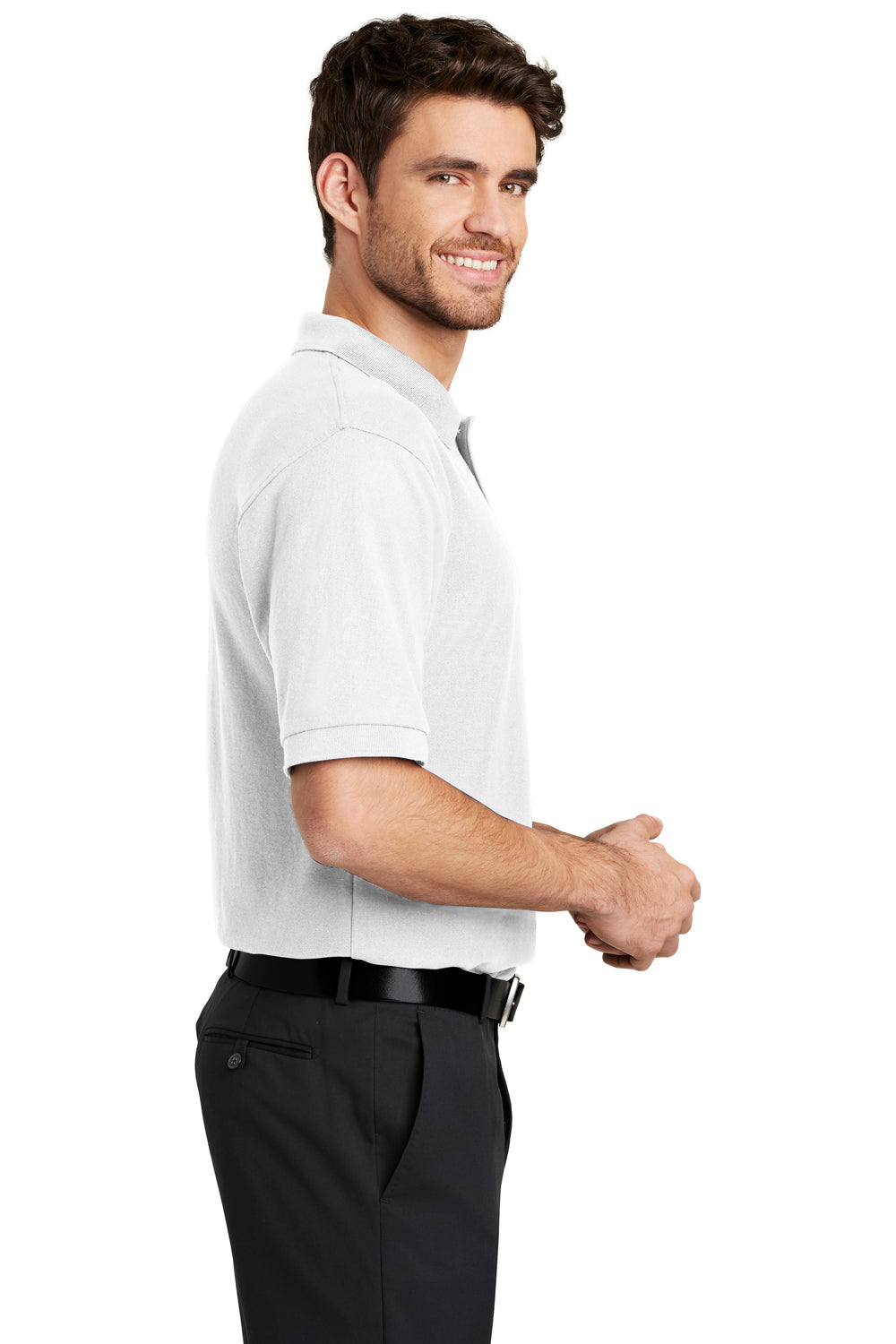 Port Authority K500P/TLK500P Mens Silk Touch Wrinkle Resistant Short Sleeve Polo Shirt w/ Pocket White Model Side