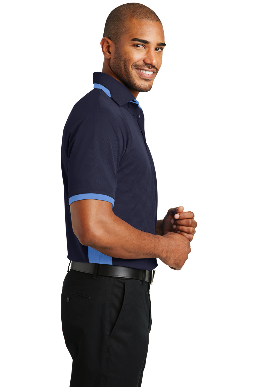 Port Authority K524 Mens Dry Zone Moisture Wicking Short Sleeve Polo Shirt Navy Blue/Lake Blue Model Side