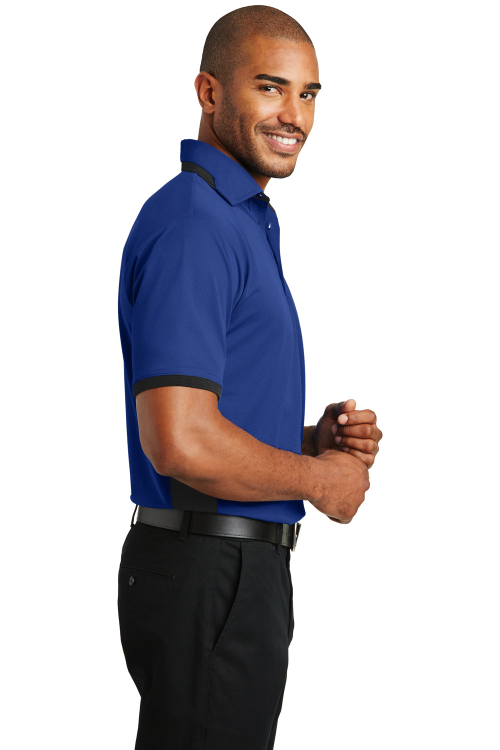 Port Authority K524 Mens Dry Zone Moisture Wicking Short Sleeve Polo Shirt Royal Blue/Black Model Side