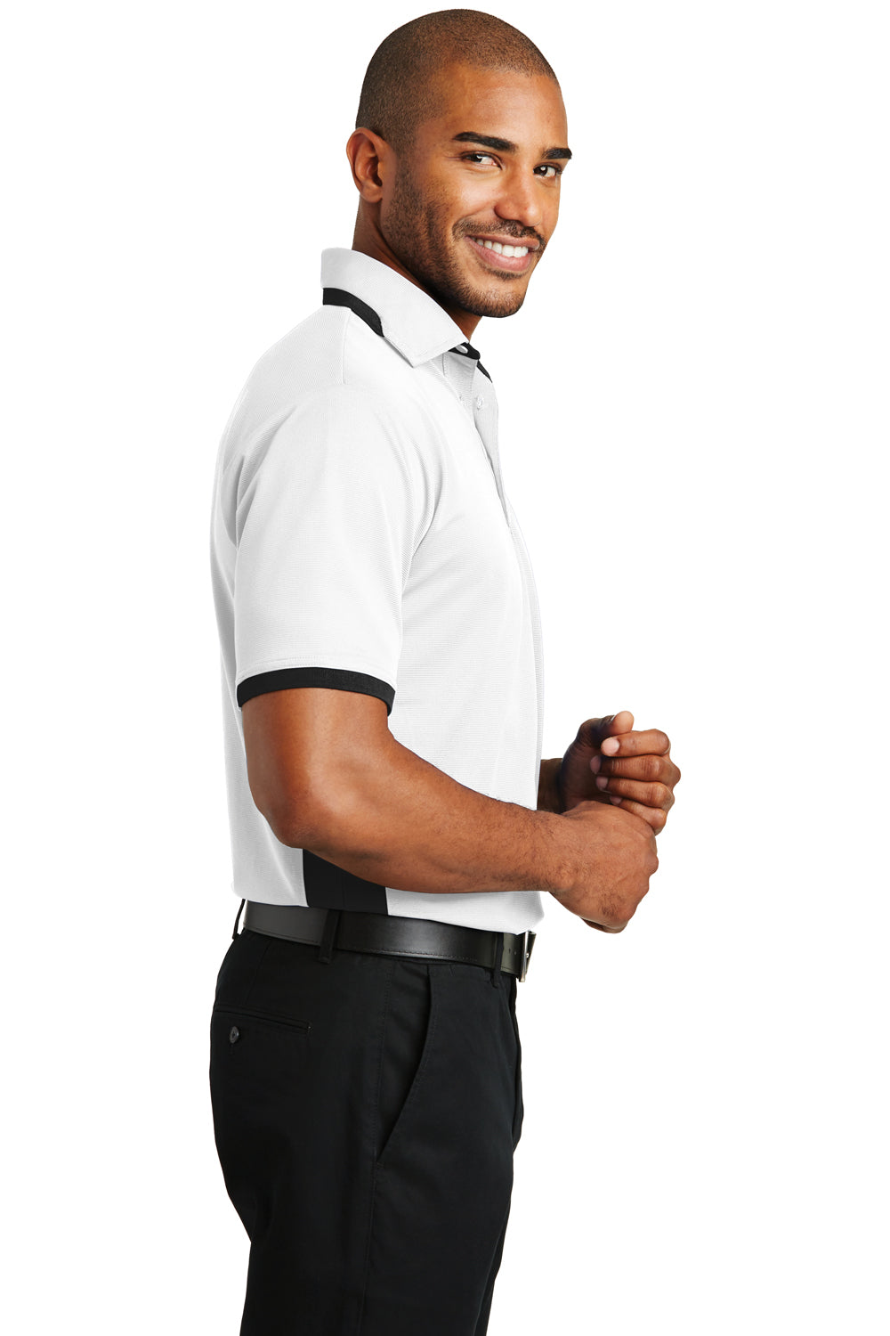 Port Authority K524 Mens Dry Zone Moisture Wicking Short Sleeve Polo Shirt White/Black Model Side